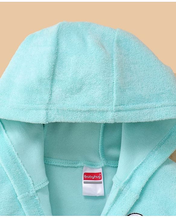 Babyhug Terry Knit Full Sleeve Hooded Bathrobe With Elastic At Waist & Animal Embroidery - Blue