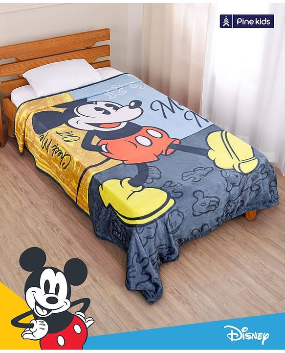 Pine Kids Disney Single Ply Fleece Blanket in Mickey Mouse Print - Grey