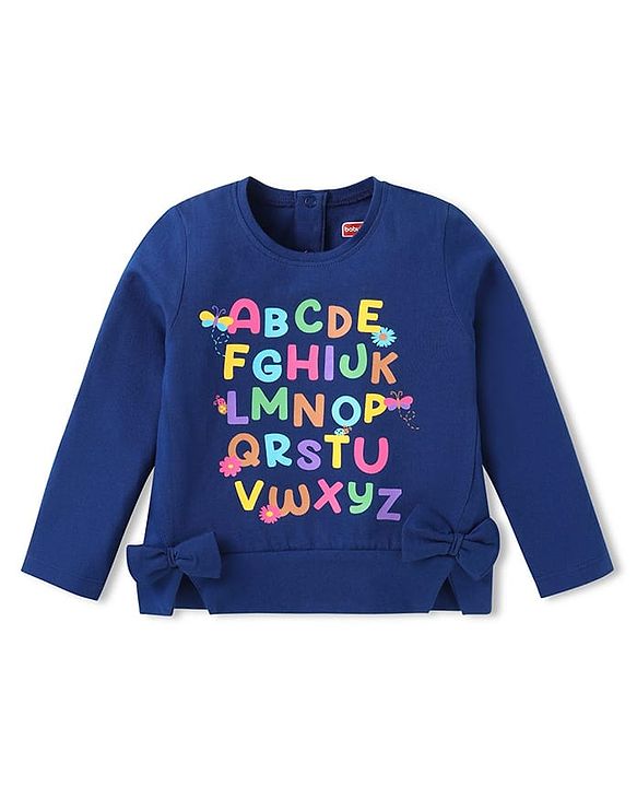 Babyhug Cotton Knit Full Sleeves Top with Text Print & Bow Detailing - Navy Blue