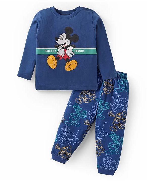 Babyhug Disney Single Jersey Knit Full Sleeves Night Suit with Mickey Mouse Graphics - Navy Blue