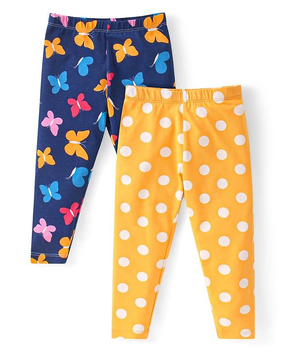 Babyhug Cotton Lycra Knit Full Length Leggings With Butterfly & Polka Dot Print Pack Of 2 - Blue & Yellow
