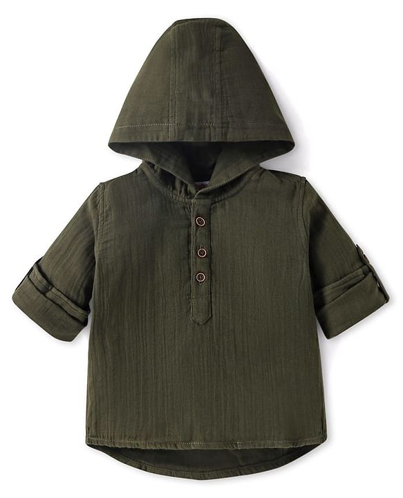 Babyhug Cotton Woven Full Sleeves Hooded Shirt - Olive Green