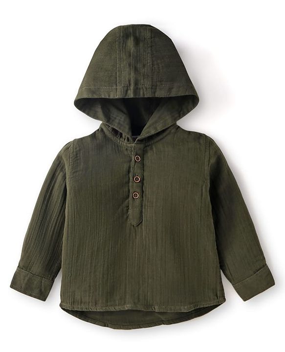 Babyhug Cotton Woven Full Sleeves Hooded Shirt - Olive Green