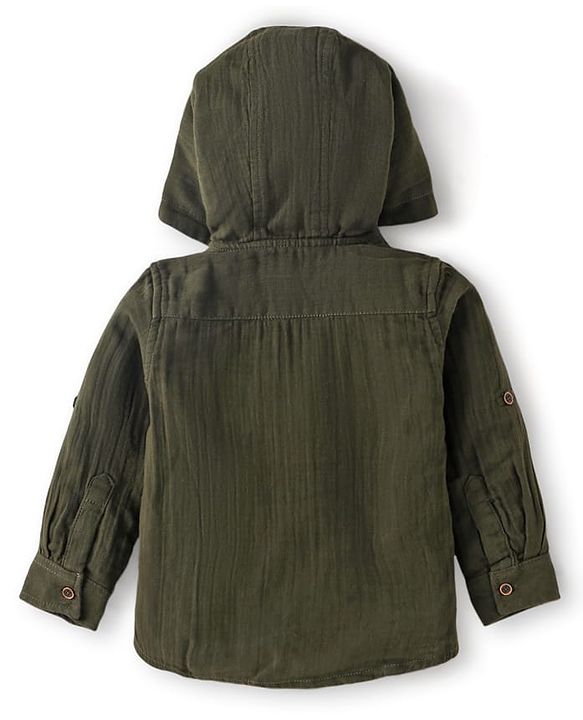 Babyhug Cotton Woven Full Sleeves Hooded Shirt - Olive Green