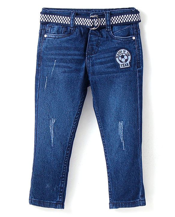 Babyhug Denim Full Length Washed Jeans & Belt With Stretch & Sport Badge - Blue