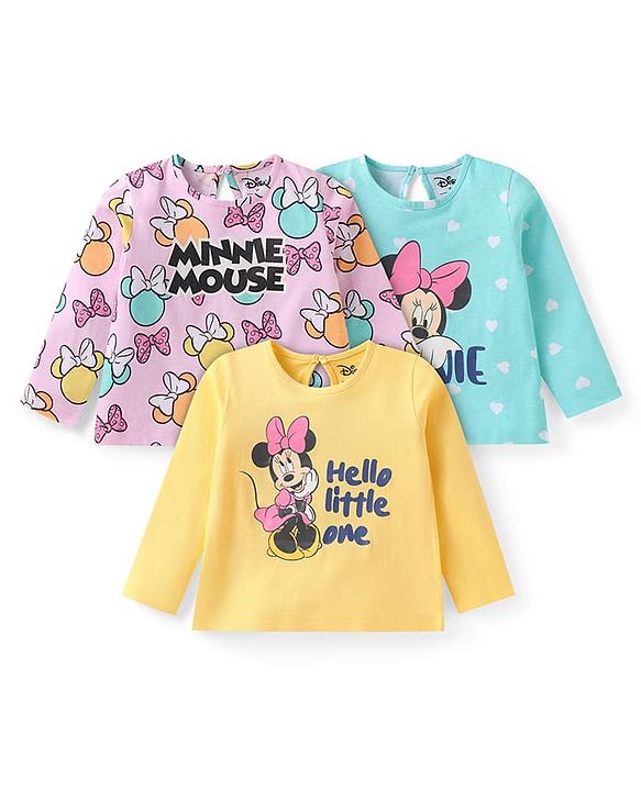 Babyhug Disney Single Jersey Knit Full Sleeves T-Shirts With Minnie Mouse Graphics Pack of 3 - Yellow Pink & Blue