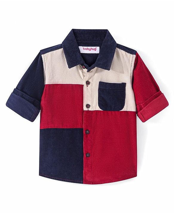 Babyhug Cotton Woven Full Sleeves Corduroy Shirt With Cut & Sew Design - Dark Red