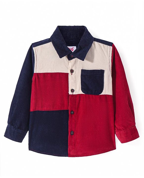 Babyhug Cotton Woven Full Sleeves Corduroy Shirt With Cut & Sew Design - Dark Red