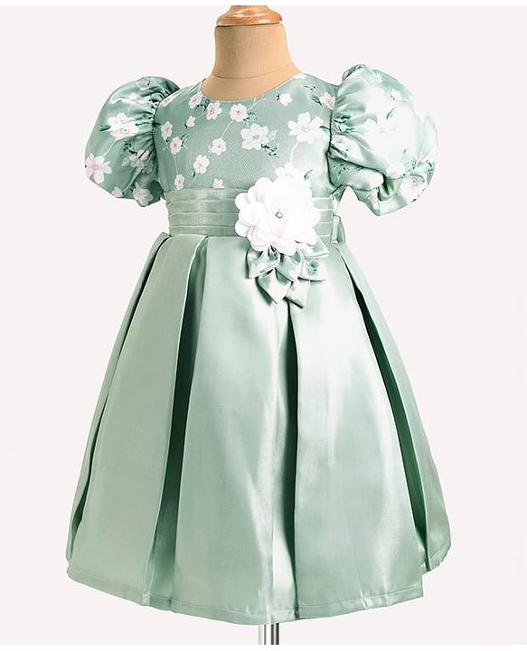 Babyhug Puffed Sleeves Party Wear Dress With Floral Printed Yoke & Flower Applique - Mint