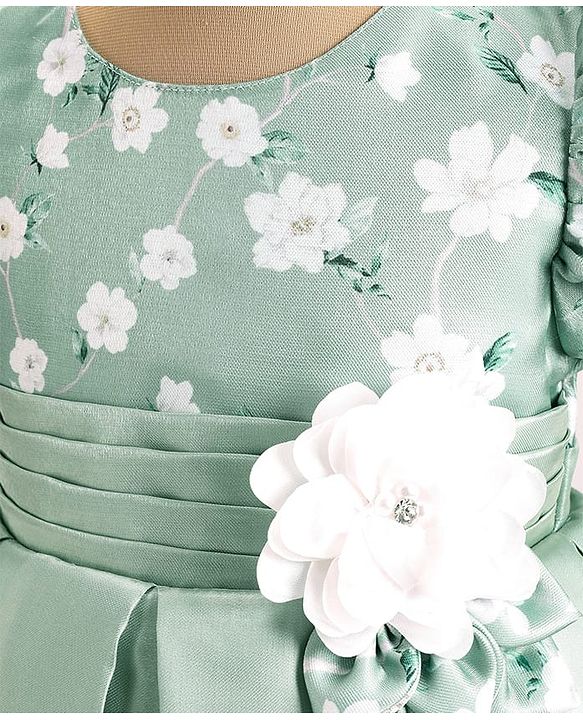 Babyhug Puffed Sleeves Party Wear Dress With Floral Printed Yoke & Flower Applique - Mint