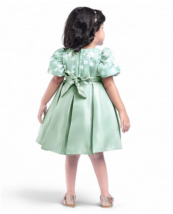 Babyhug Puffed Sleeves Party Wear Dress With Floral Printed Yoke & Flower Applique - Mint