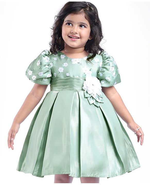 Babyhug Puffed Sleeves Party Wear Dress With Floral Printed Yoke & Flower Applique - Mint