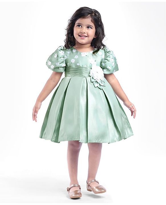Babyhug Puffed Sleeves Party Wear Dress With Floral Printed Yoke & Flower Applique - Mint