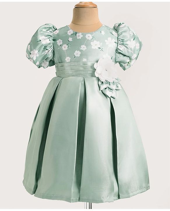 Babyhug Puffed Sleeves Party Wear Dress With Floral Printed Yoke & Flower Applique - Mint