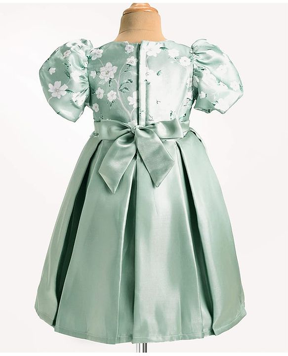 Babyhug Puffed Sleeves Party Wear Dress With Floral Printed Yoke & Flower Applique - Mint