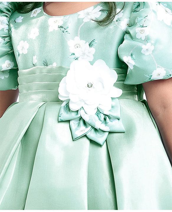 Babyhug Puffed Sleeves Party Wear Dress With Floral Printed Yoke & Flower Applique - Mint