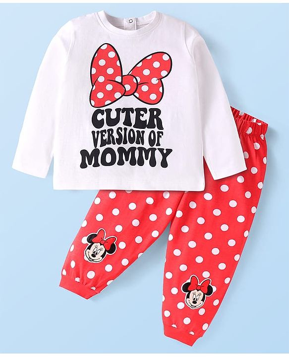 Babyhug Disney Single Jersey Knit Full Sleeves Night Suit with Minnie Mouse Graphic - White & Red