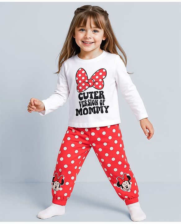 Babyhug Disney Single Jersey Knit Full Sleeves Night Suit with Minnie Mouse Graphic - White & Red