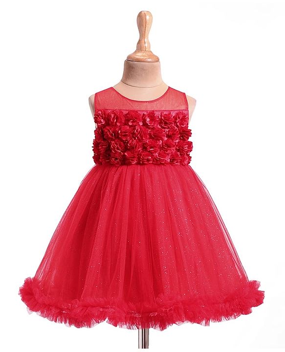 Babyhug Woven Sleeveless Mesh Party Dress with Floral Applique & Shimmer Detailing - Red