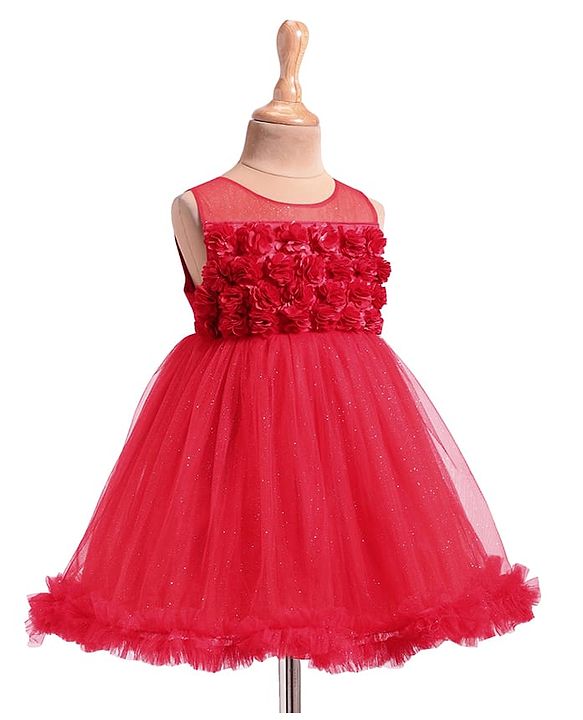 Babyhug Woven Sleeveless Mesh Party Dress with Floral Applique & Shimmer Detailing - Red