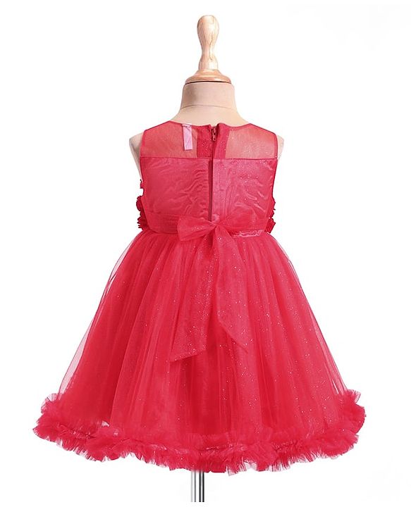 Babyhug Woven Sleeveless Mesh Party Dress with Floral Applique & Shimmer Detailing - Red