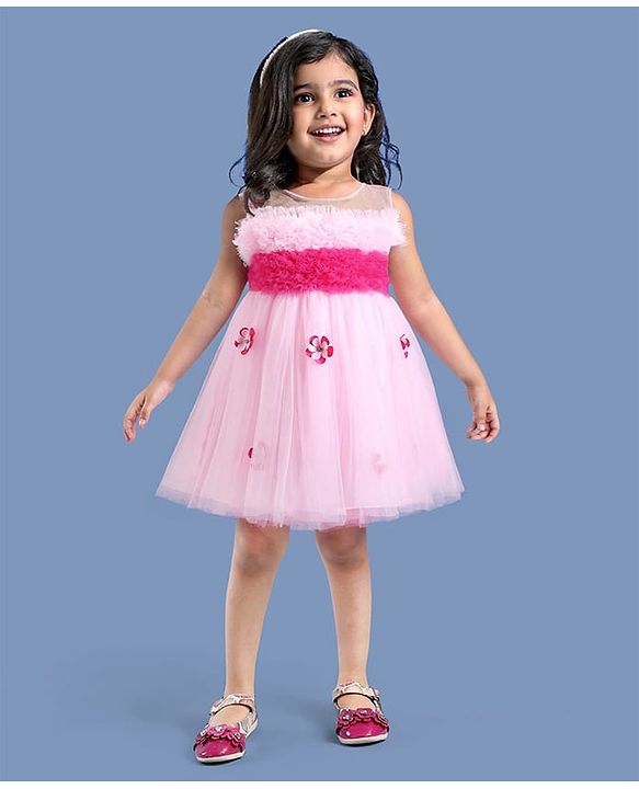 Babyhug Woven Sleeveless Mesh Party Dress with Ruffle Yoke & Floral Applique - Pink