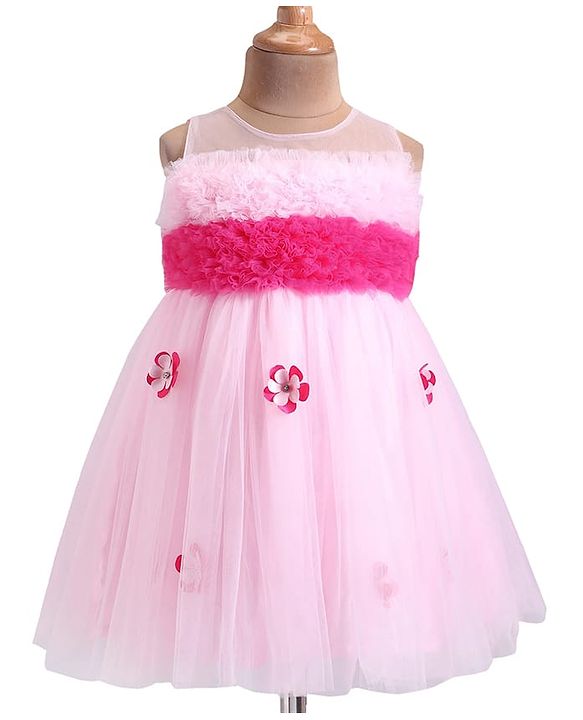 Babyhug Woven Sleeveless Mesh Party Dress with Ruffle Yoke & Floral Applique - Pink