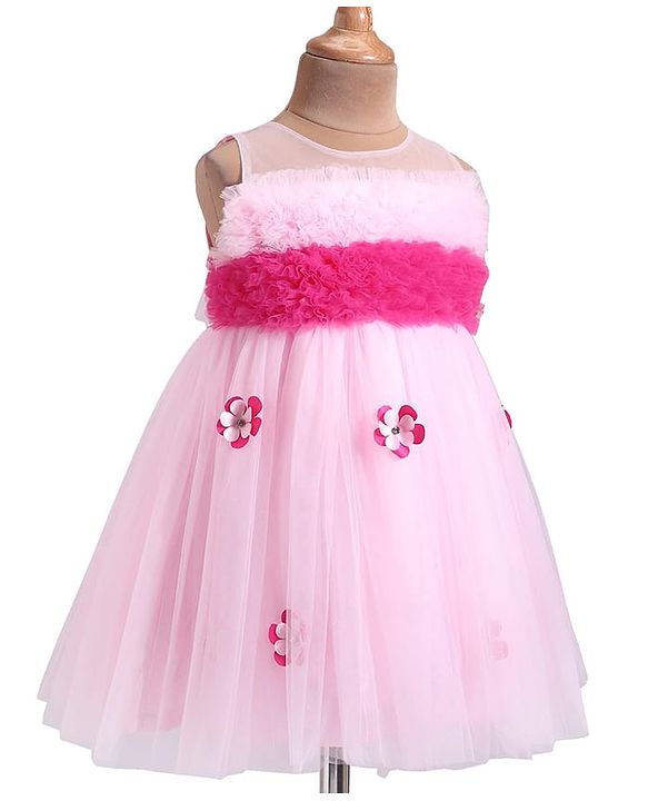Babyhug Woven Sleeveless Mesh Party Dress with Ruffle Yoke & Floral Applique - Pink