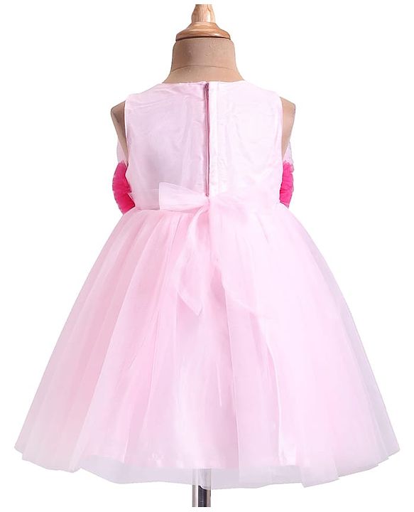 Babyhug Woven Sleeveless Mesh Party Dress with Ruffle Yoke & Floral Applique - Pink