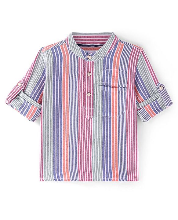 Babyhug Cotton Woven Full Sleeves Striped Mandarin Collar Kurta Style Shirt - Pink Purple &  Grey
