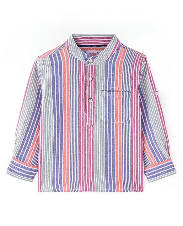 Babyhug Cotton Woven Full Sleeves Striped Mandarin Collar Kurta Style Shirt - Pink Purple &  Grey