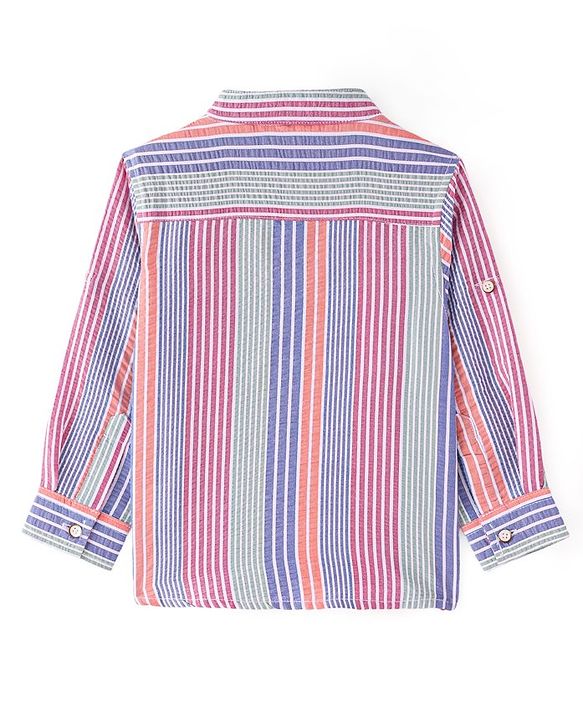 Babyhug Cotton Woven Full Sleeves Striped Mandarin Collar Kurta Style Shirt - Pink Purple &  Grey
