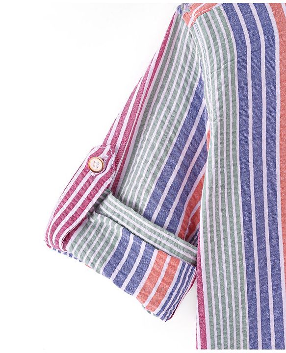 Babyhug Cotton Woven Full Sleeves Striped Mandarin Collar Kurta Style Shirt - Pink Purple &  Grey
