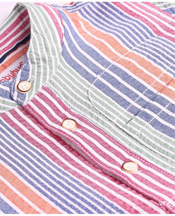 Babyhug Cotton Woven Full Sleeves Striped Mandarin Collar Kurta Style Shirt - Pink Purple &  Grey