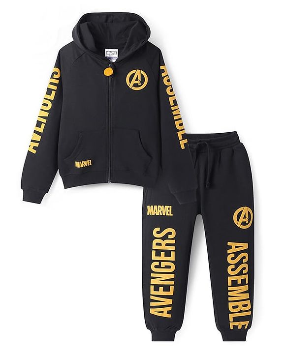 Pine Kids Marvel Terry Knit Full Sleeves Hooded Sweatshirt & Track Pant with Avengers Front and Back Graphics With Glitter Detailing - Black