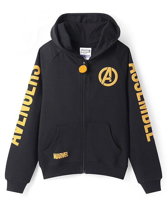 Pine Kids Marvel Terry Knit Full Sleeves Hooded Sweatshirt & Track Pant with Avengers Front and Back Graphics With Glitter Detailing - Black