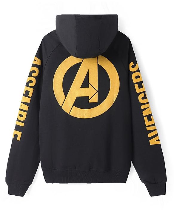 Pine Kids Marvel Terry Knit Full Sleeves Hooded Sweatshirt & Track Pant with Avengers Front and Back Graphics With Glitter Detailing - Black