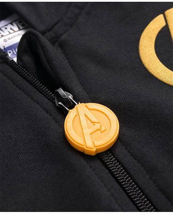 Pine Kids Marvel Terry Knit Full Sleeves Hooded Sweatshirt & Track Pant with Avengers Front and Back Graphics With Glitter Detailing - Black