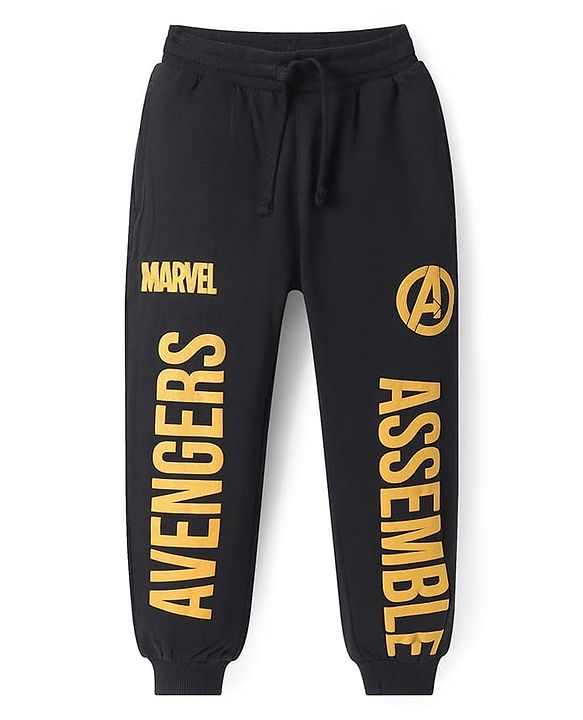 Pine Kids Marvel Terry Knit Full Sleeves Hooded Sweatshirt & Track Pant with Avengers Front and Back Graphics With Glitter Detailing - Black