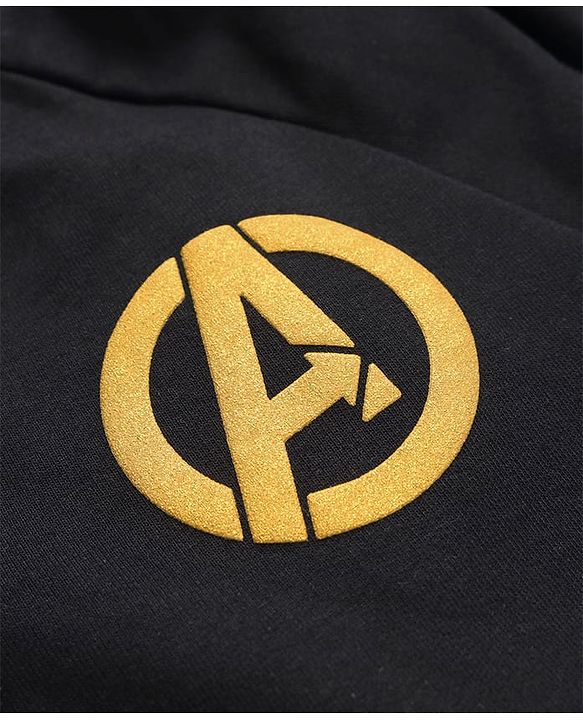 Pine Kids Marvel Terry Knit Full Sleeves Hooded Sweatshirt & Track Pant with Avengers Front and Back Graphics With Glitter Detailing - Black