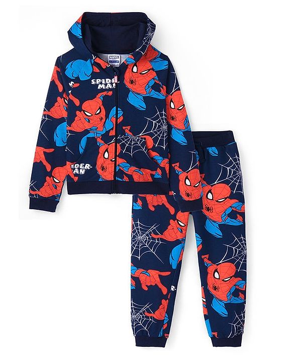 Pine Kids Marvel Terry Knit Full Sleeves Co-ord Hooded Sweatshirt & Track Pant with Spider Man Print - Navy