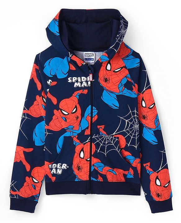 Pine Kids Marvel Terry Knit Full Sleeves Co-ord Hooded Sweatshirt & Track Pant with Spider Man Print - Navy