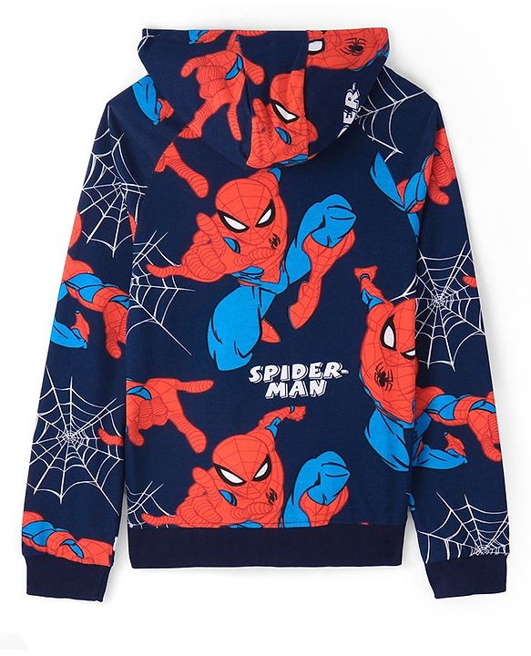 Pine Kids Marvel Terry Knit Full Sleeves Co-ord Hooded Sweatshirt & Track Pant with Spider Man Print - Navy