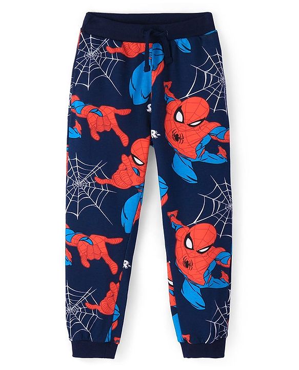 Pine Kids Marvel Terry Knit Full Sleeves Co-ord Hooded Sweatshirt & Track Pant with Spider Man Print - Navy