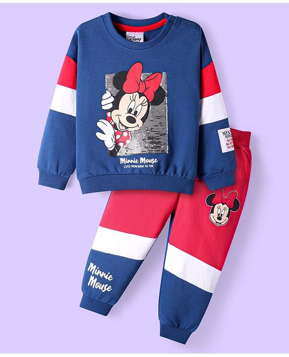 Babyhug Disney Cotton Knit Full  Sleeves Cut & Sew Minnie Mouse Printed Sweatshirt & Track Set with Sequin & Badge Detailing  - Blue & Red