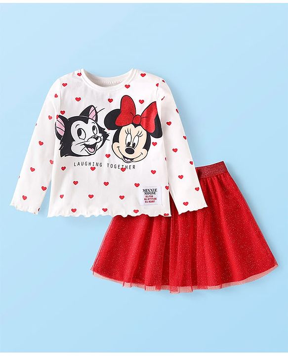 Babyhug Disney Single Jersey Knit Full Sleeves Top & Mesh Skirt Set With Minnie Mouse Graphics & Badge Detailing - White & Red