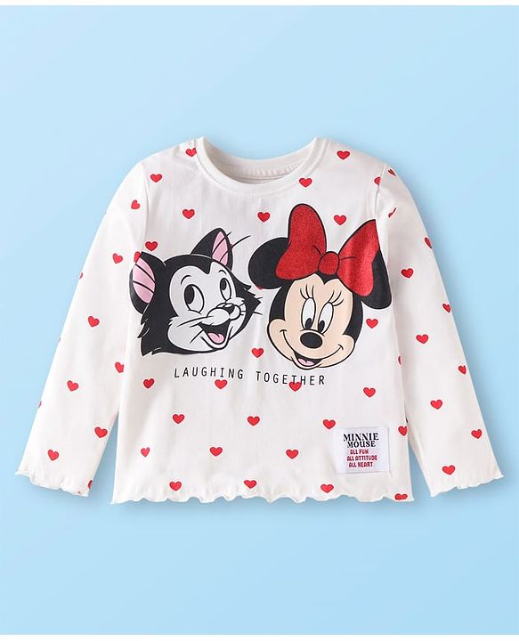 Babyhug Disney Single Jersey Knit Full Sleeves Top & Mesh Skirt Set With Minnie Mouse Graphics & Badge Detailing - White & Red