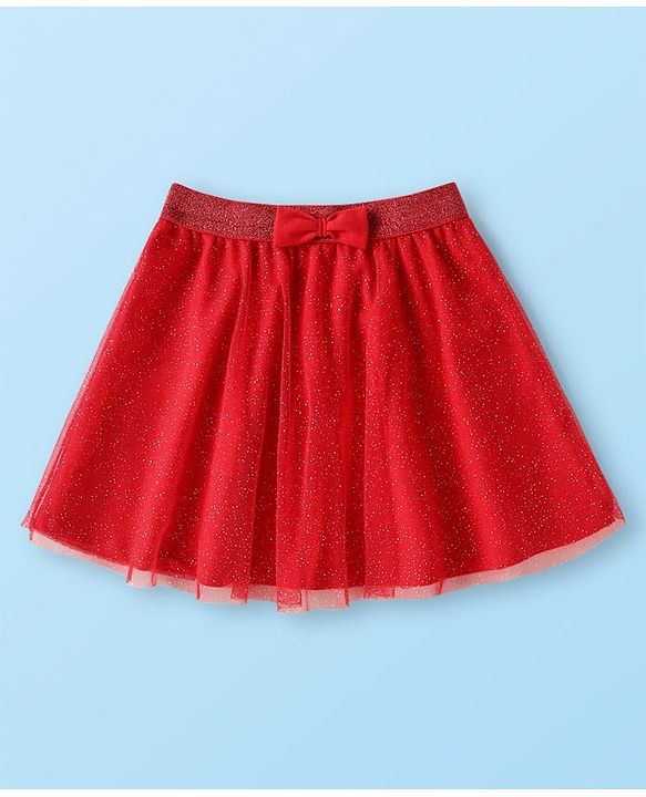 Babyhug Disney Single Jersey Knit Full Sleeves Top & Mesh Skirt Set With Minnie Mouse Graphics & Badge Detailing - White & Red
