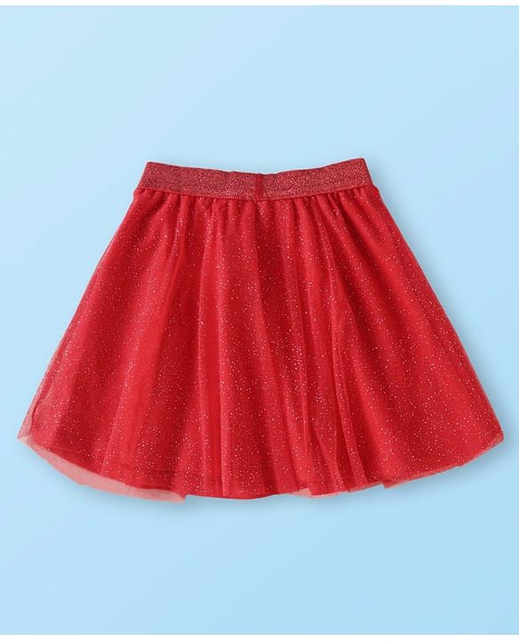 Babyhug Disney Single Jersey Knit Full Sleeves Top & Mesh Skirt Set With Minnie Mouse Graphics & Badge Detailing - White & Red