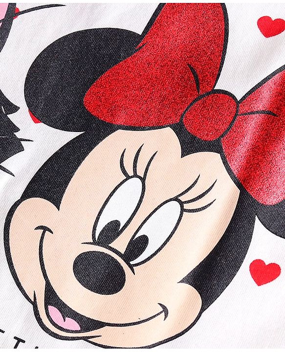 Babyhug Disney Single Jersey Knit Full Sleeves Top & Mesh Skirt Set With Minnie Mouse Graphics & Badge Detailing - White & Red